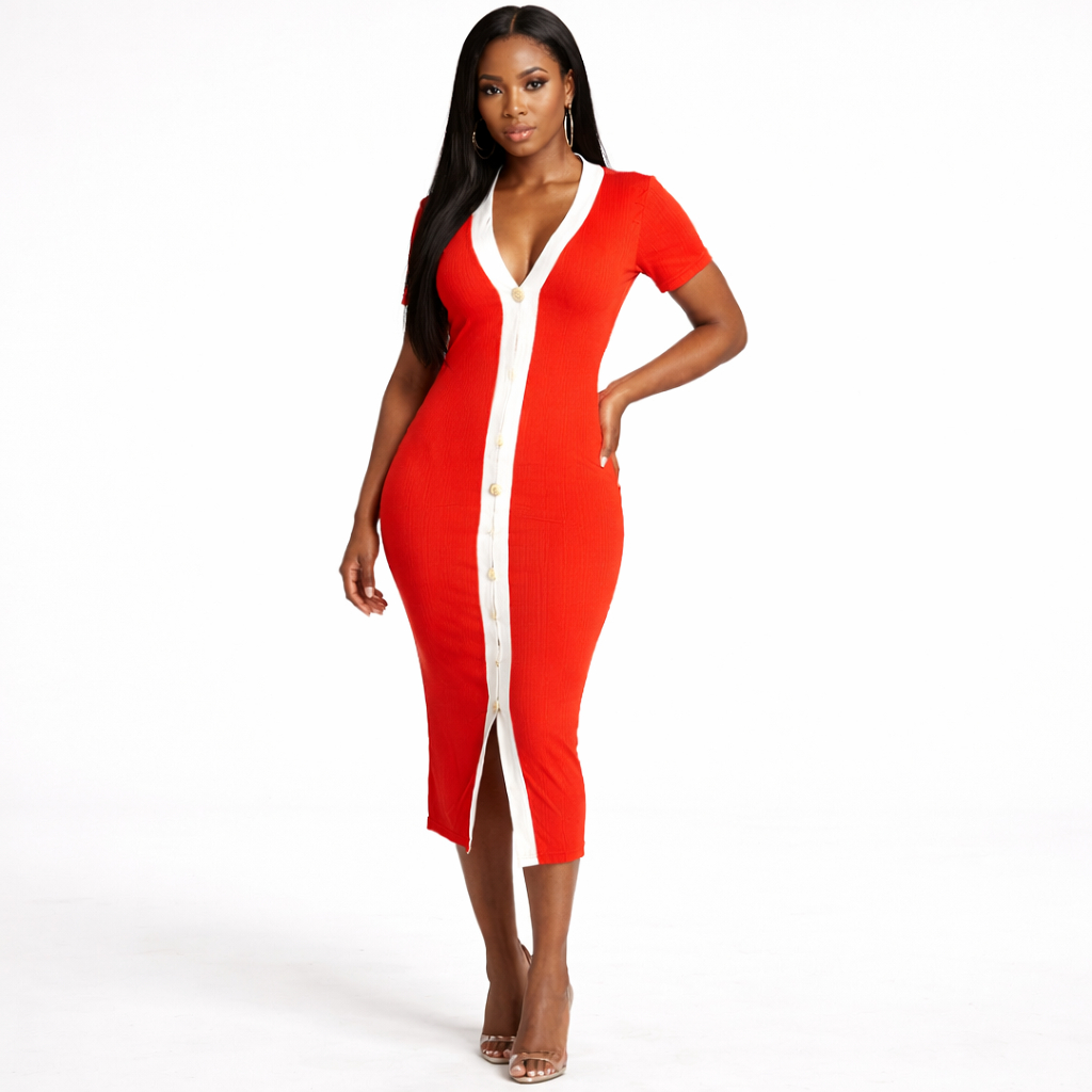 Red Ribbed Bodycon Midi Dress with Contrast Trim